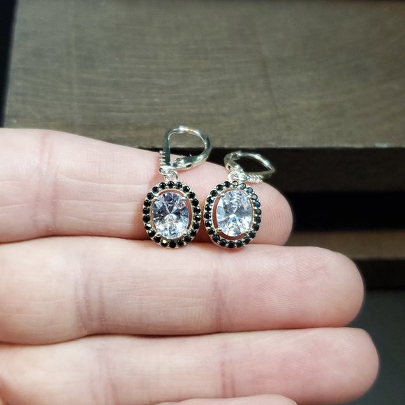 Jewelry - Sterling Silver Clear And Black Halo Style Cubic Zirconia Earrings